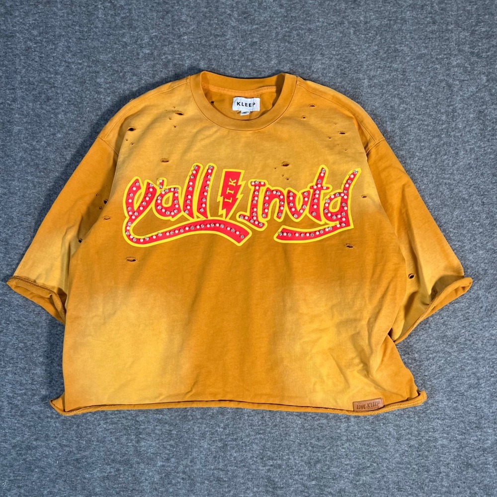 Kleep French Terry Distressed Streetwear Shirt Orange Graphic Rhinestone Mens M
